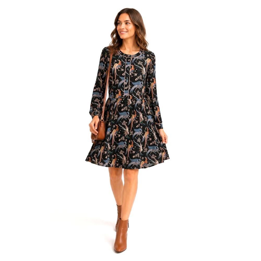 LOFT Bird Print Fit & Flare Dress 6 Black Long Sleeve Button Front Fall